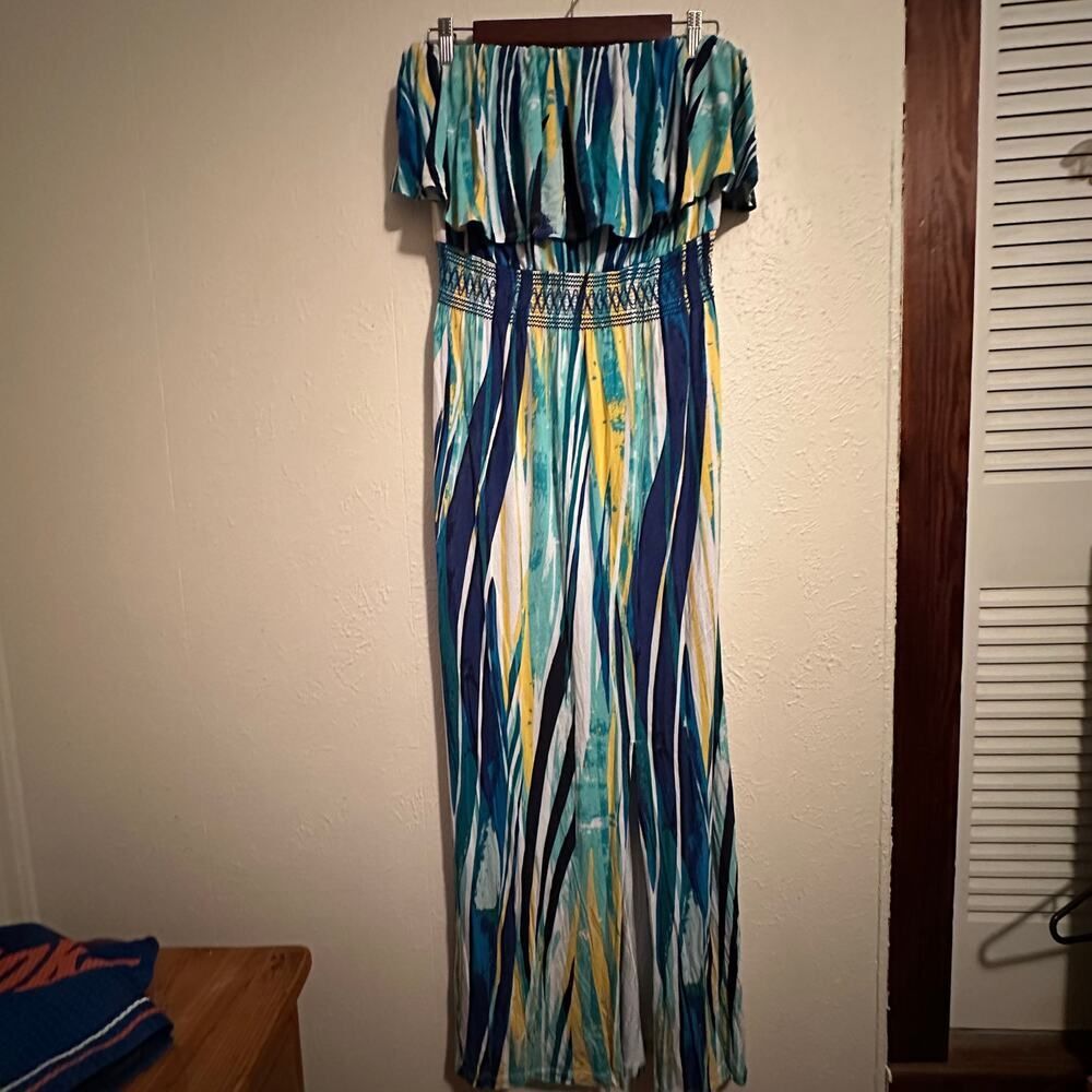 Soma Woman's Size Large Flounce Bandeau Maxi Dress Beach  Vacation Smocked Slit